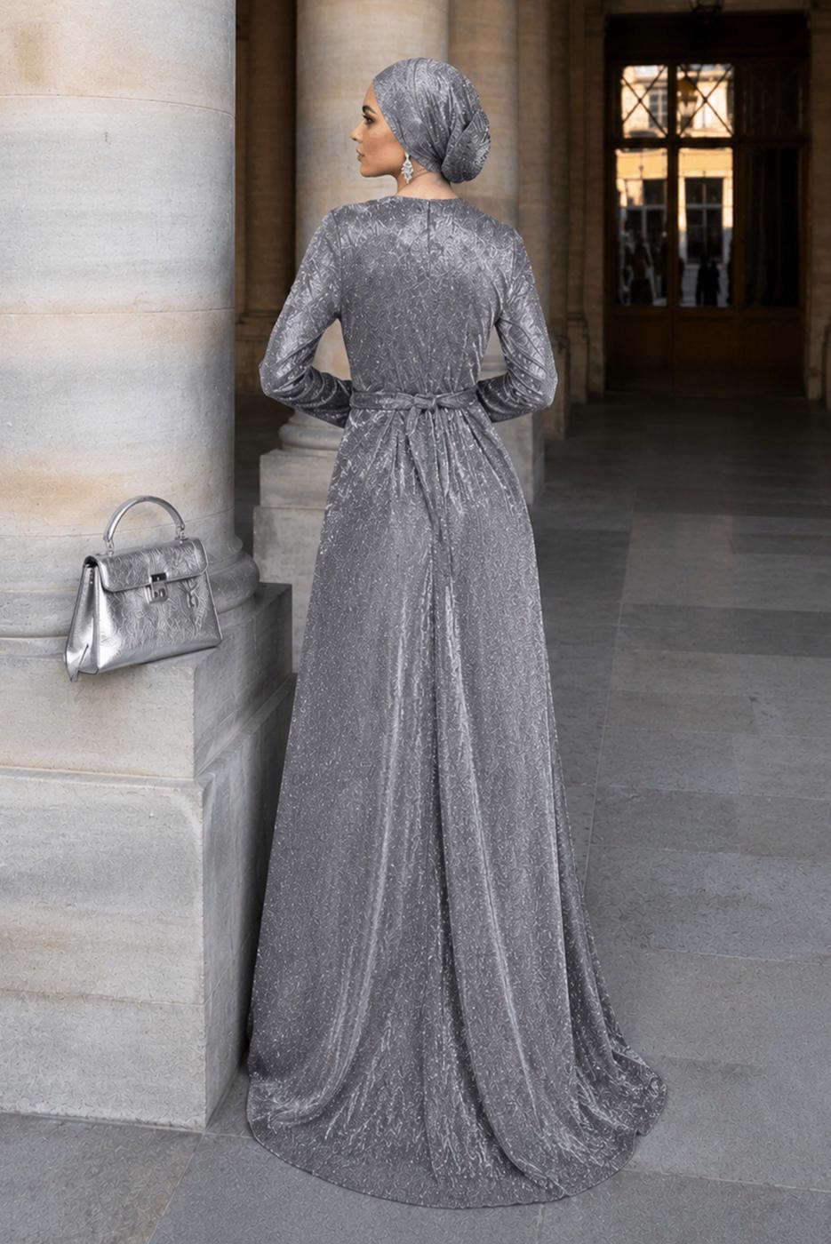 Hijab-Kleidung GRAU GLITZER ABENDKLEID T 1851
