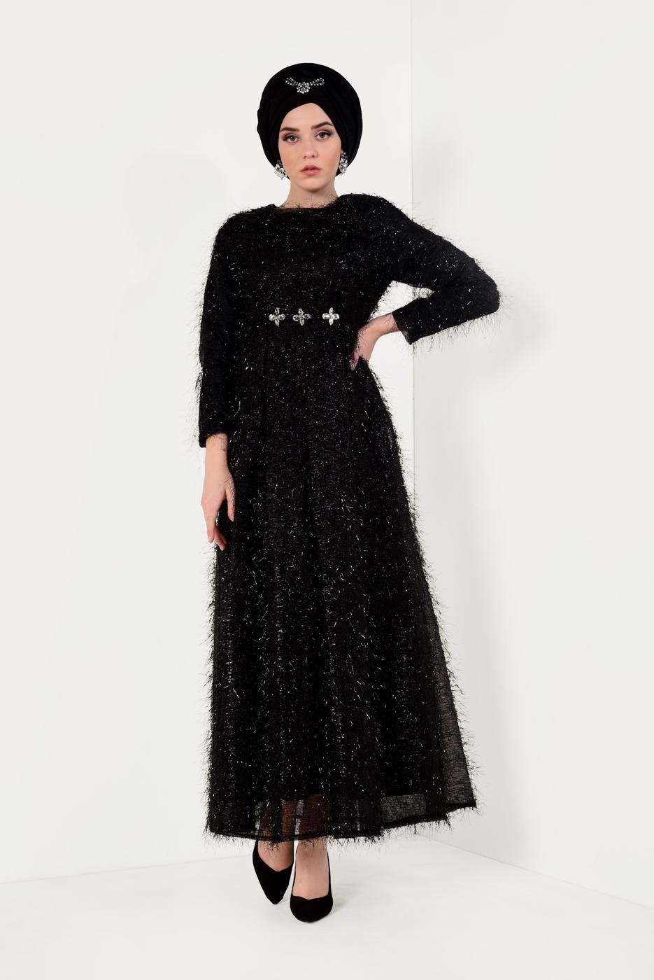 Hijab clothing BLACK Fringed Evening Dress T 2251 