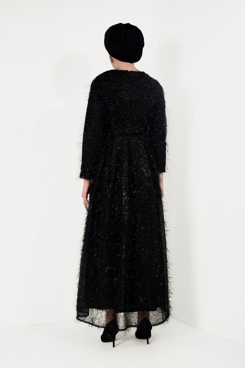 Hijab clothing BLACK Fringed Evening Dress T 2251 