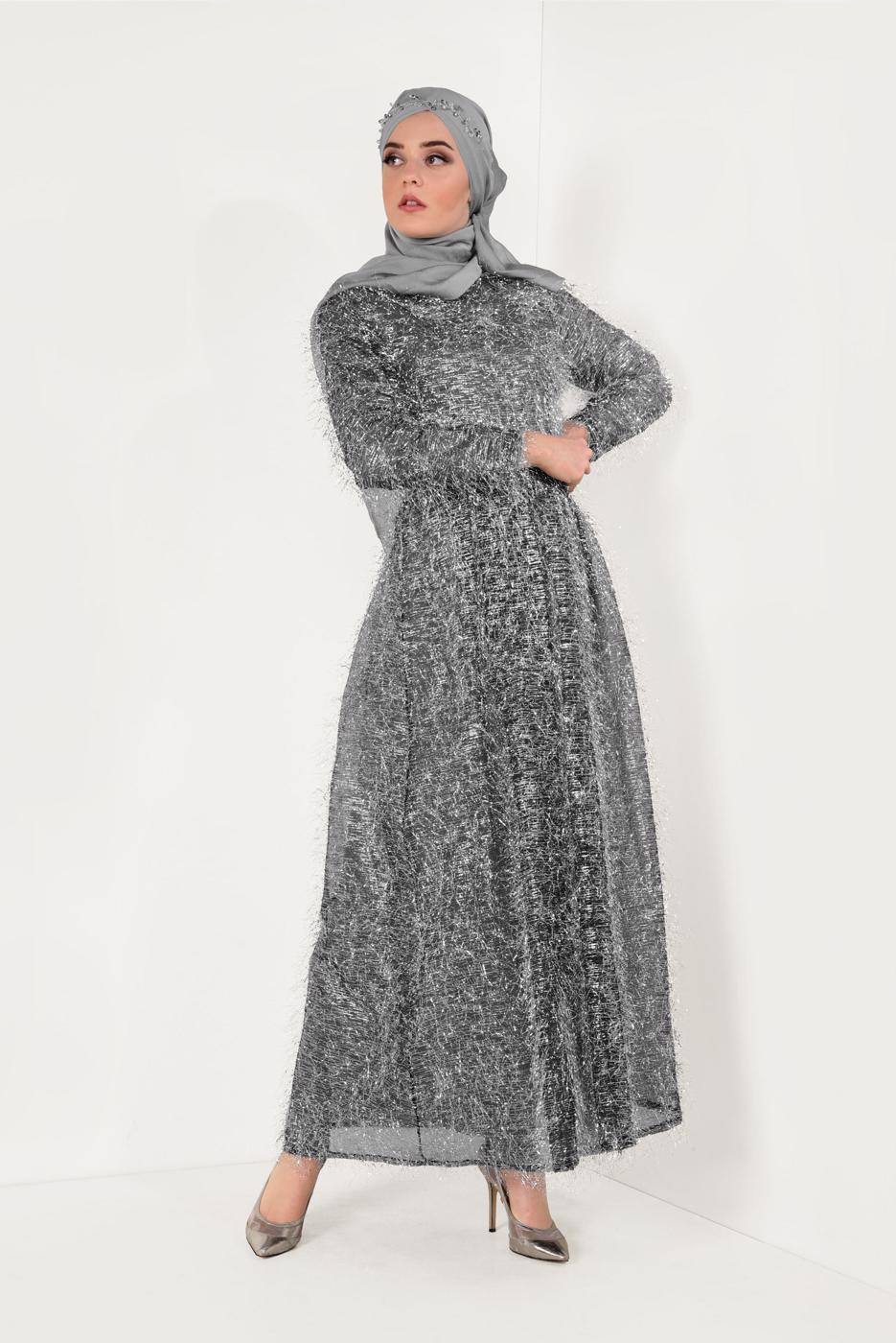 Hijab clothing GREY Fringed Evening Dress T 2251 