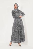Hijab clothing GREY Fringed Evening Dress T 2251 