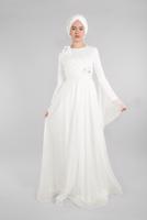 Tesettür giyim KREM ÇİÇEK AKSESUARLI ABİYE ELBİSE T 50393