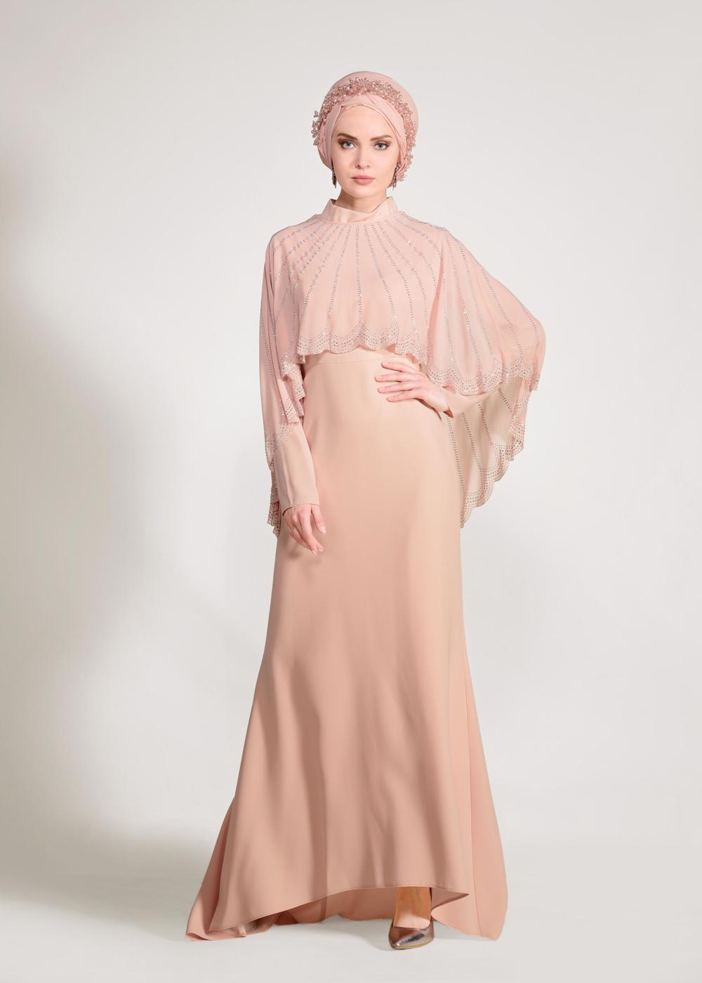 Tesettür giyim PUDRA TAŞLI ŞİFON ABİYE ELBİSE 5420 