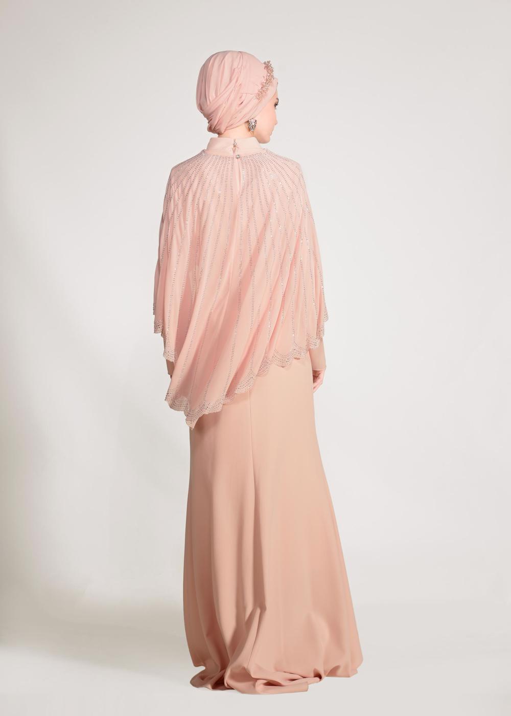 Tesettür giyim PUDRA TAŞLI ŞİFON ABİYE ELBİSE 5420 
