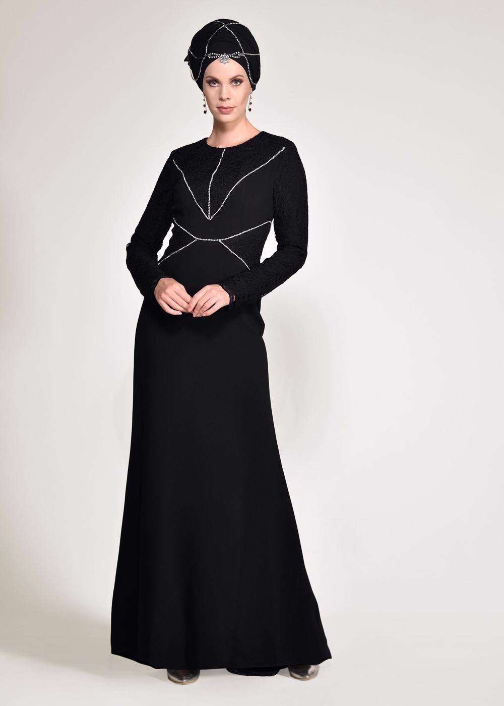 Tesettür giyim SİYAH DANTEL VE TAŞ DETAYLI ABİYE ELBİSE T 5423