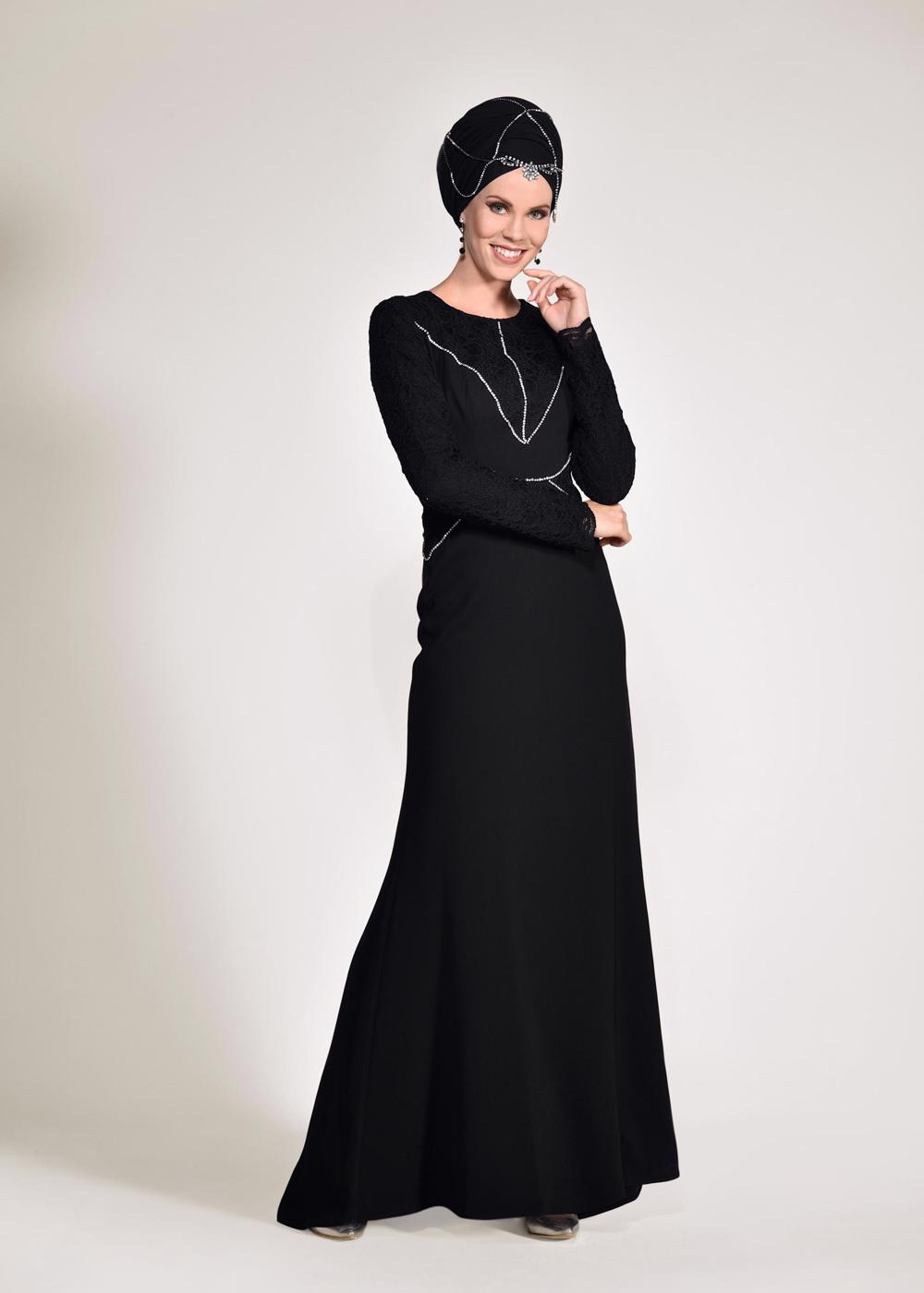 Tesettür giyim SİYAH DANTEL VE TAŞ DETAYLI ABİYE ELBİSE T 5423