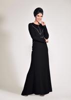 Tesettür giyim SİYAH DANTEL VE TAŞ DETAYLI ABİYE ELBİSE T 5423