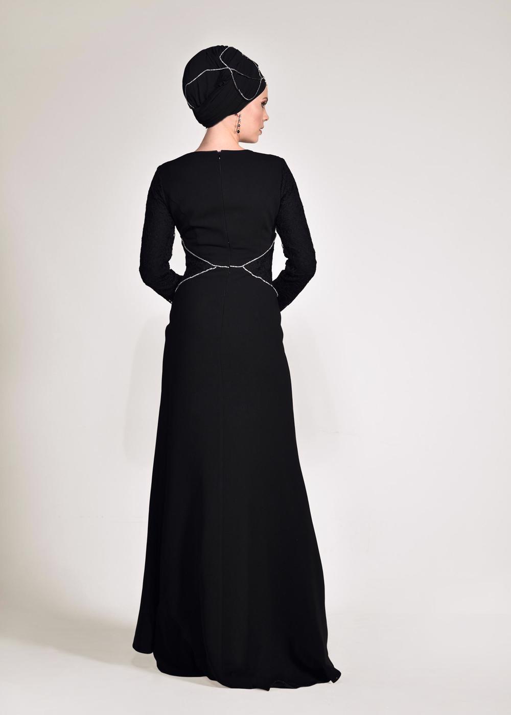 Tesettür giyim SİYAH DANTEL VE TAŞ DETAYLI ABİYE ELBİSE T 5423