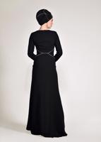 Tesettür giyim SİYAH DANTEL VE TAŞ DETAYLI ABİYE ELBİSE T 5423