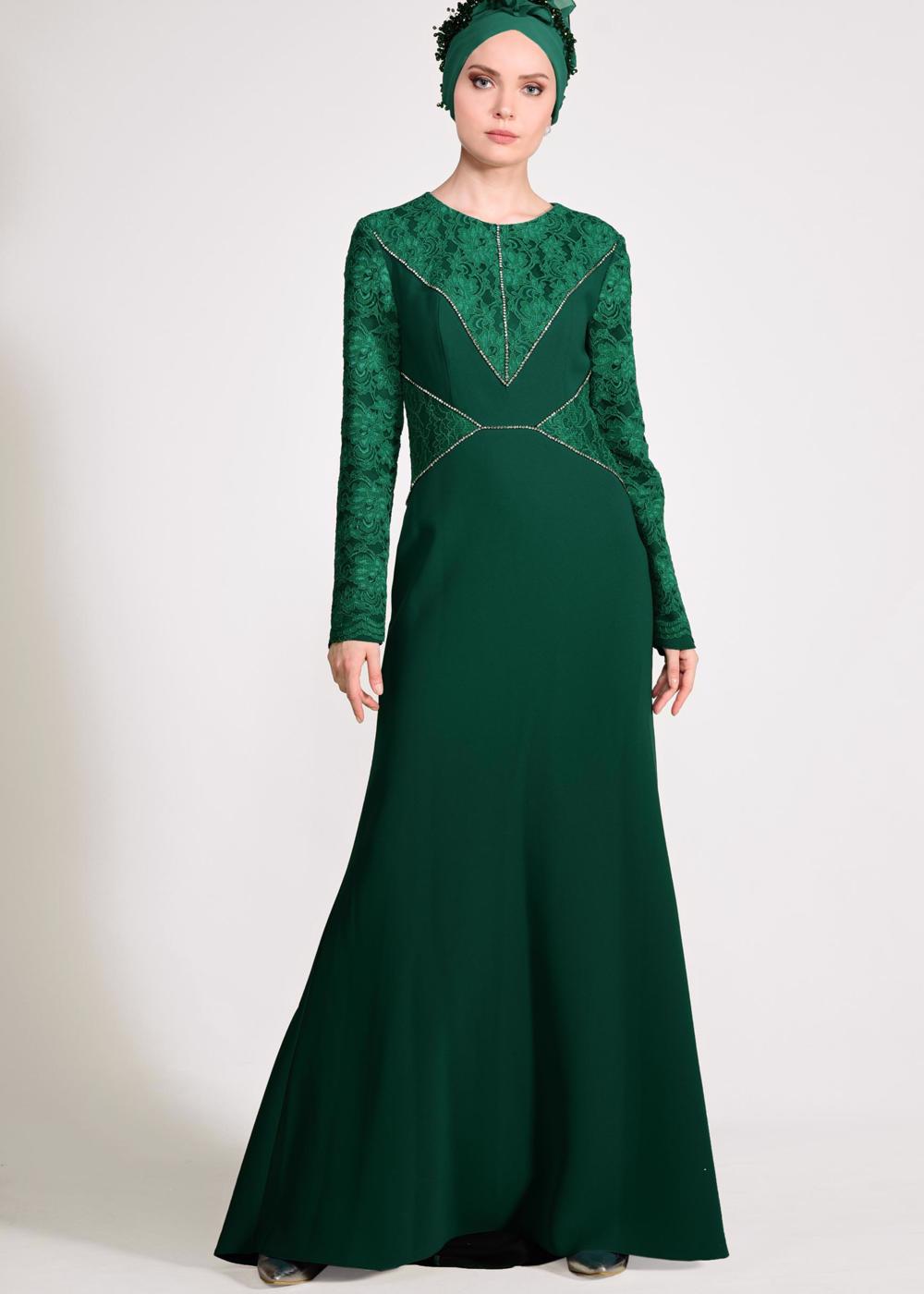 Tesettür giyim YEŞİL DANTEL VE TAŞ DETAYLI ABİYE ELBİSE T 5423