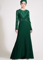 Tesettür giyim YEŞİL DANTEL VE TAŞ DETAYLI ABİYE ELBİSE T 5423