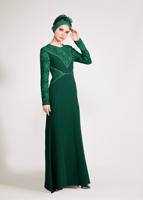 Tesettür giyim YEŞİL DANTEL VE TAŞ DETAYLI ABİYE ELBİSE T 5423