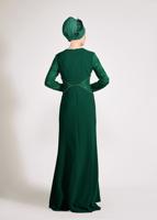 Tesettür giyim YEŞİL DANTEL VE TAŞ DETAYLI ABİYE ELBİSE T 5423