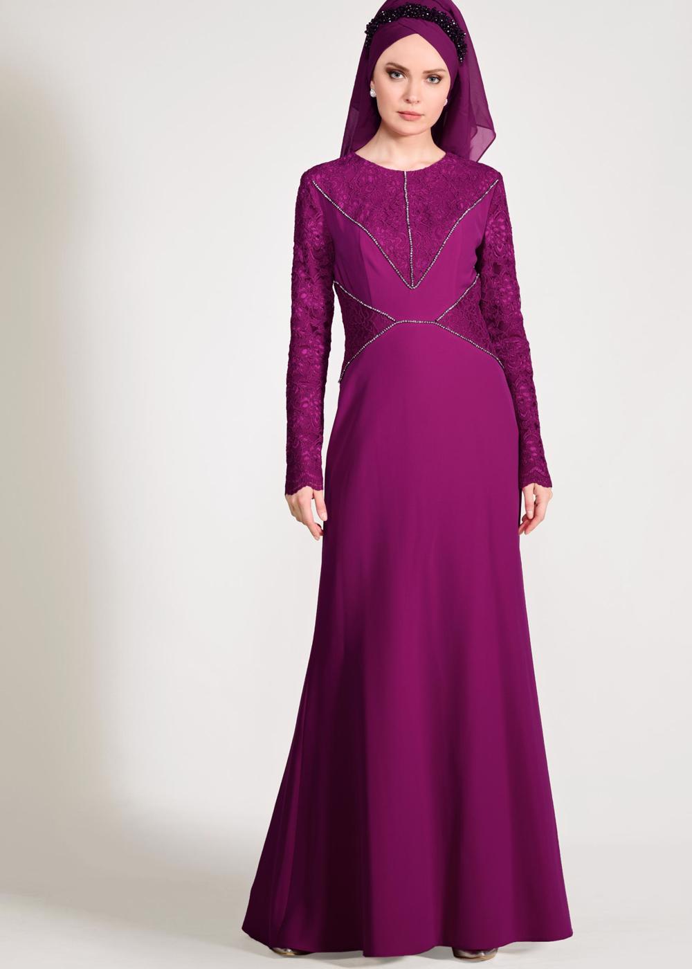 Tesettür giyim FUŞYA DANTEL VE TAŞ DETAYLI ABİYE ELBİSE T 5423