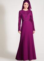 Tesettür giyim FUŞYA DANTEL VE TAŞ DETAYLI ABİYE ELBİSE T 5423