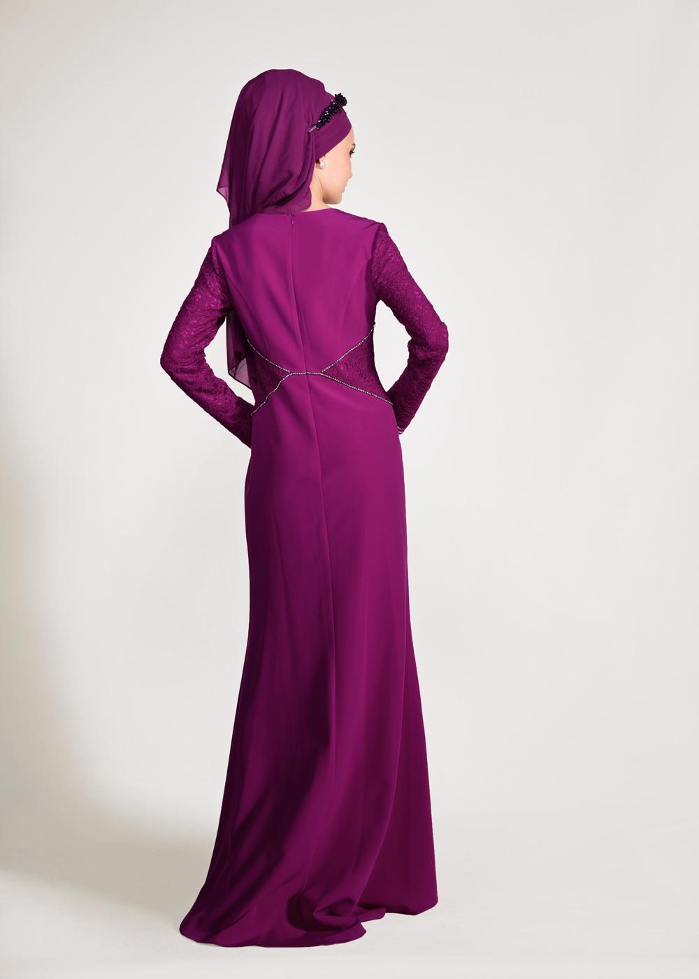 Tesettür giyim FUŞYA DANTEL VE TAŞ DETAYLI ABİYE ELBİSE T 5423