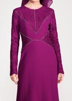 Tesettür giyim FUŞYA DANTEL VE TAŞ DETAYLI ABİYE ELBİSE T 5423