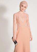 Tesettür giyim PUDRA DANTEL VE TAŞ DETAYLI ABİYE ELBİSE T 5423