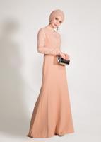 Tesettür giyim PUDRA DANTEL VE TAŞ DETAYLI ABİYE ELBİSE T 5423