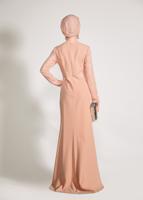 Tesettür giyim PUDRA DANTEL VE TAŞ DETAYLI ABİYE ELBİSE T 5423