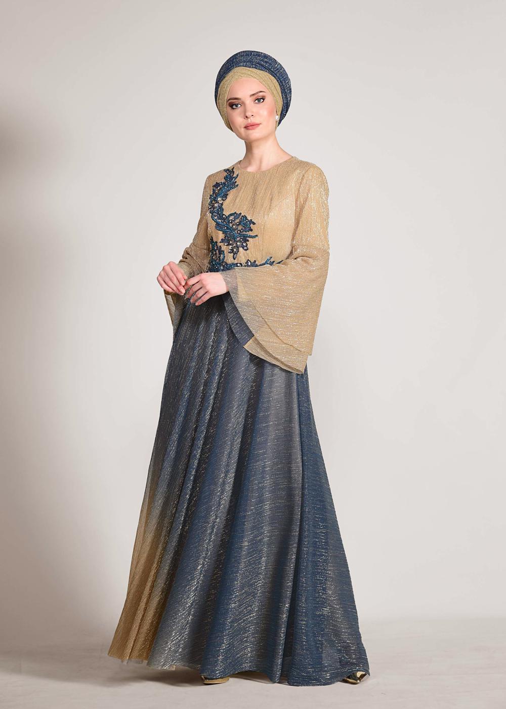 Tesettür giyim BEJ ALVİNA DEGRADE TAŞLI ABİYE ELBİSE T 5424