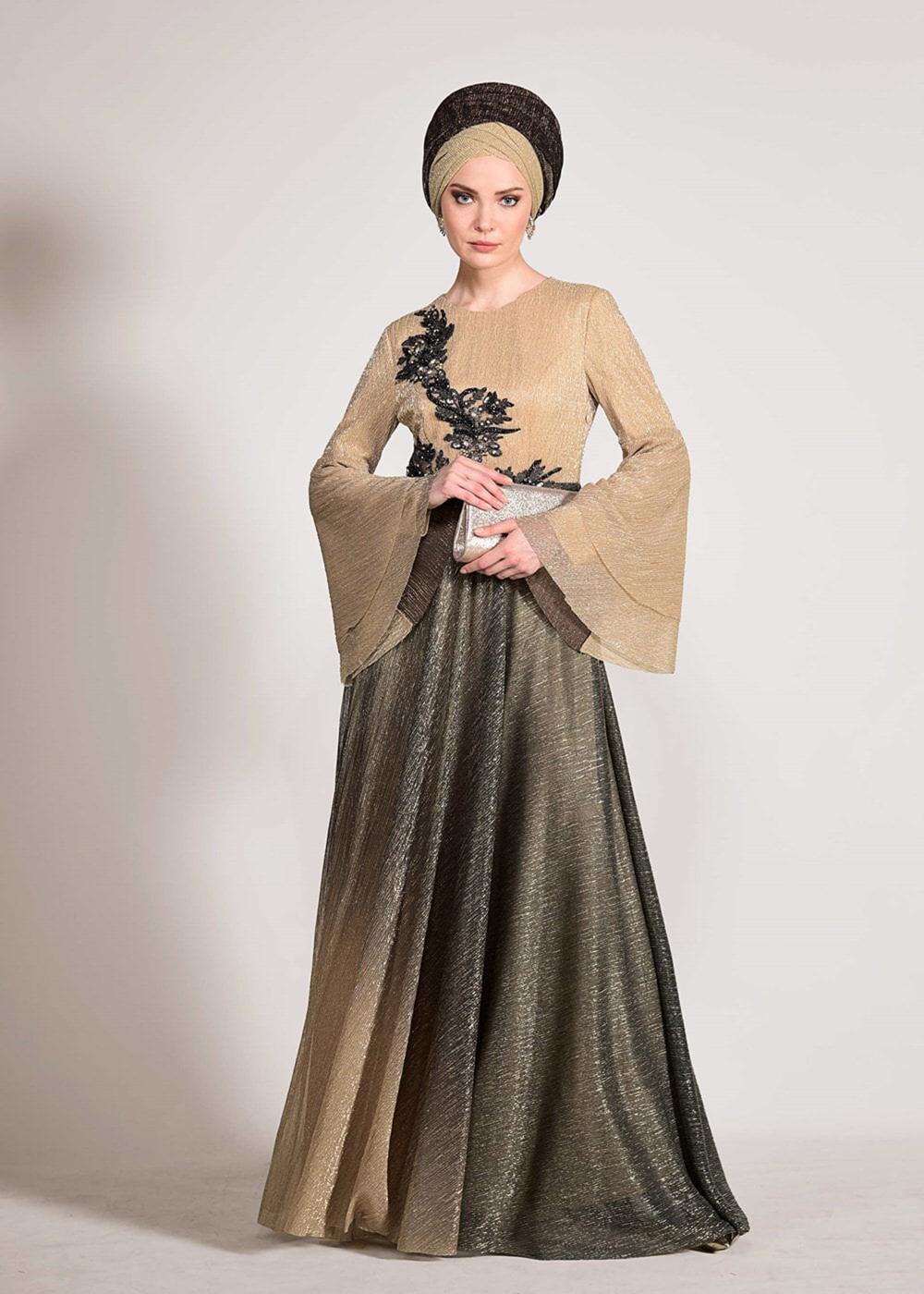 Tesettür giyim BEJ ALVİNA DEGRADE TAŞLI ABİYE ELBİSE T 5424