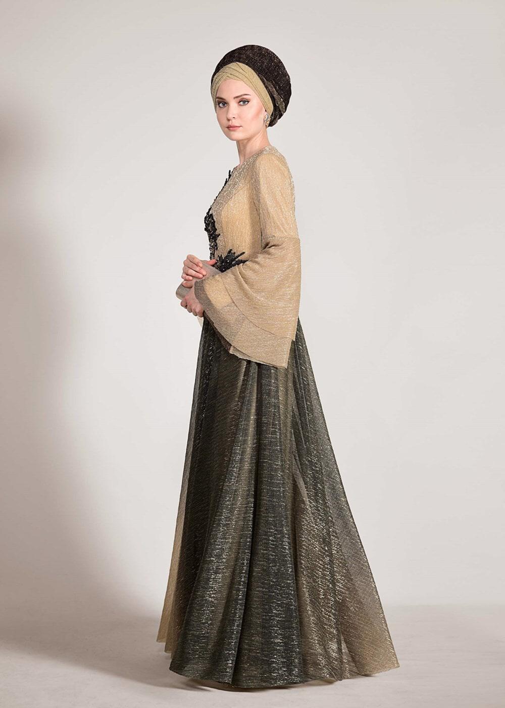 Tesettür giyim BEJ ALVİNA DEGRADE TAŞLI ABİYE ELBİSE T 5424