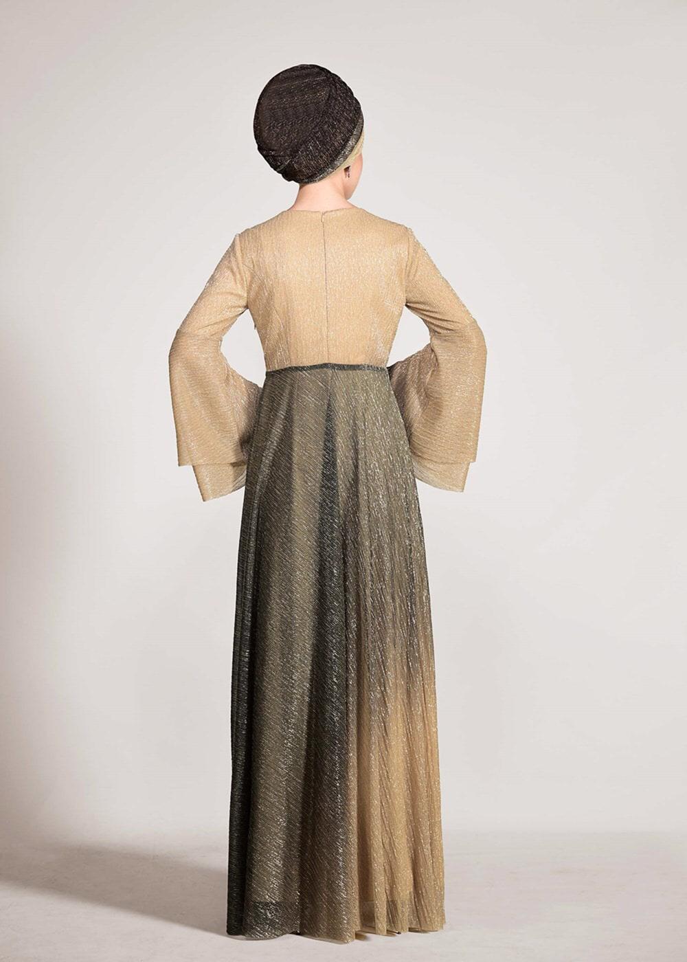 Tesettür giyim BEJ ALVİNA DEGRADE TAŞLI ABİYE ELBİSE T 5424