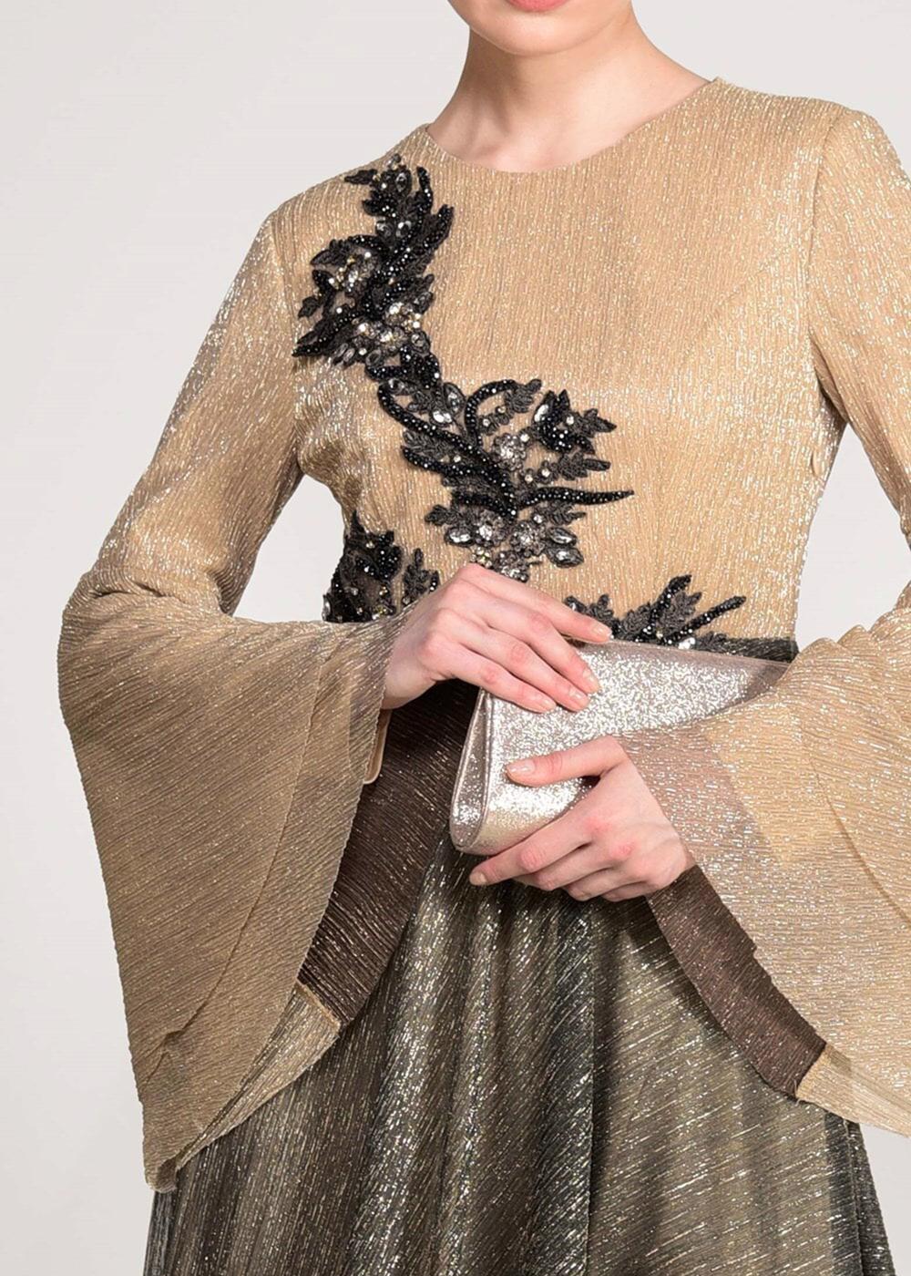 Tesettür giyim BEJ ALVİNA DEGRADE TAŞLI ABİYE ELBİSE T 5424