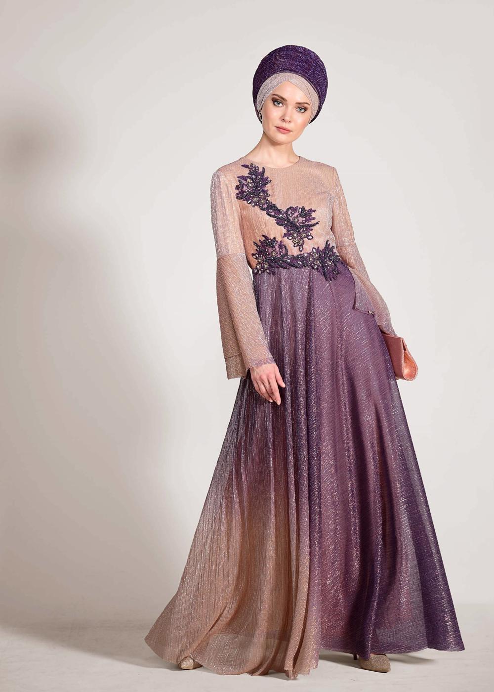 Tesettür giyim GRİ ALVİNA DEGRADE TAŞLI ABİYE ELBİSE T 5424