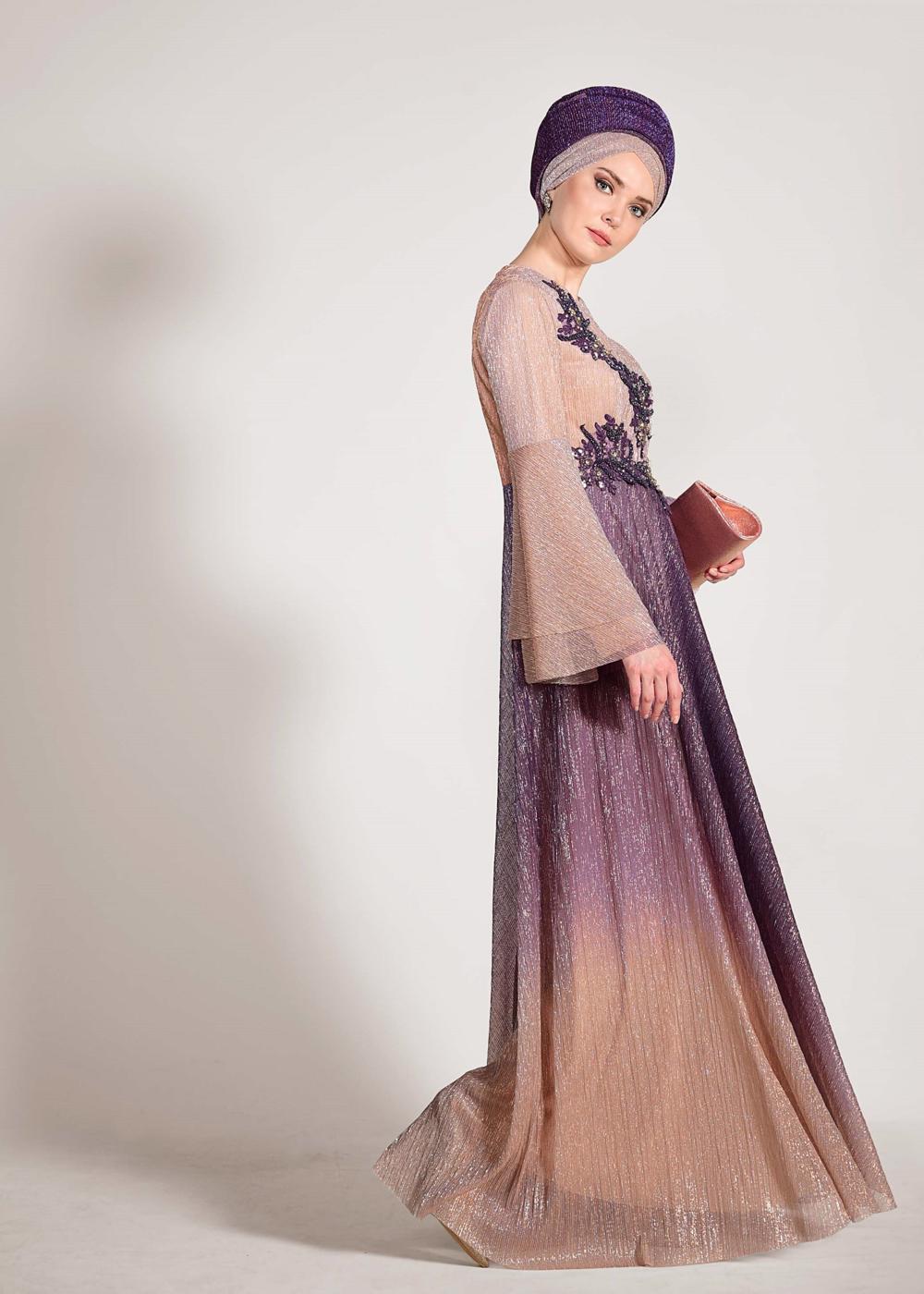 Tesettür giyim GRİ ALVİNA DEGRADE TAŞLI ABİYE ELBİSE T 5424