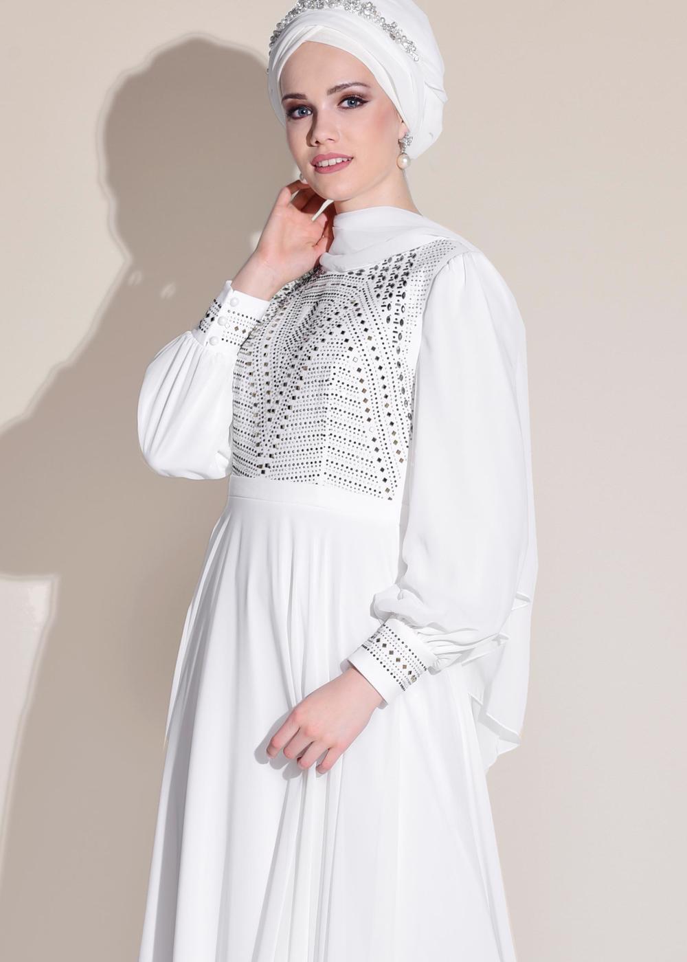 Tesettür giyim KREM ALVİNA ŞİFON ABİYE ELBİSE T 5426