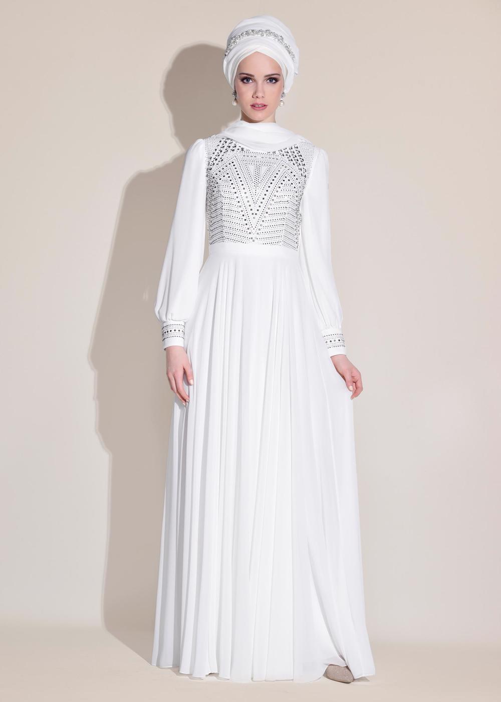 Tesettür giyim KREM ALVİNA ŞİFON ABİYE ELBİSE T 5426