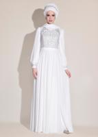 Tesettür giyim KREM ALVİNA ŞİFON ABİYE ELBİSE T 5426