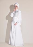 Tesettür giyim KREM ALVİNA ŞİFON ABİYE ELBİSE T 5426
