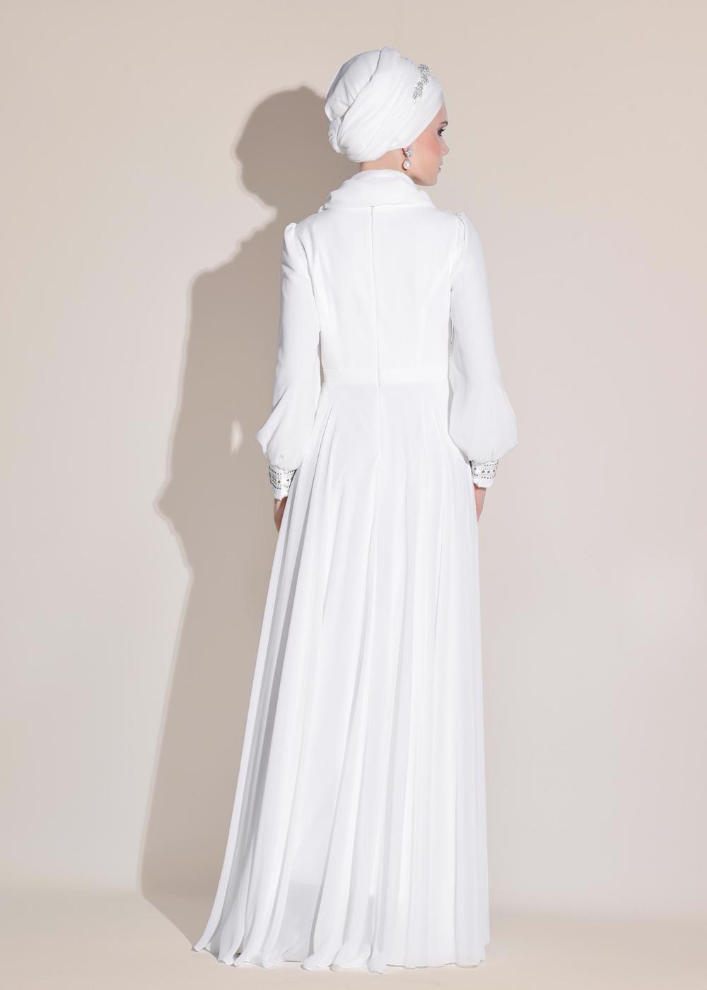 Tesettür giyim KREM ALVİNA ŞİFON ABİYE ELBİSE T 5426