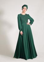 Tesettür giyim YEŞİL ALVİNA ŞİFON ABİYE ELBİSE T 5426
