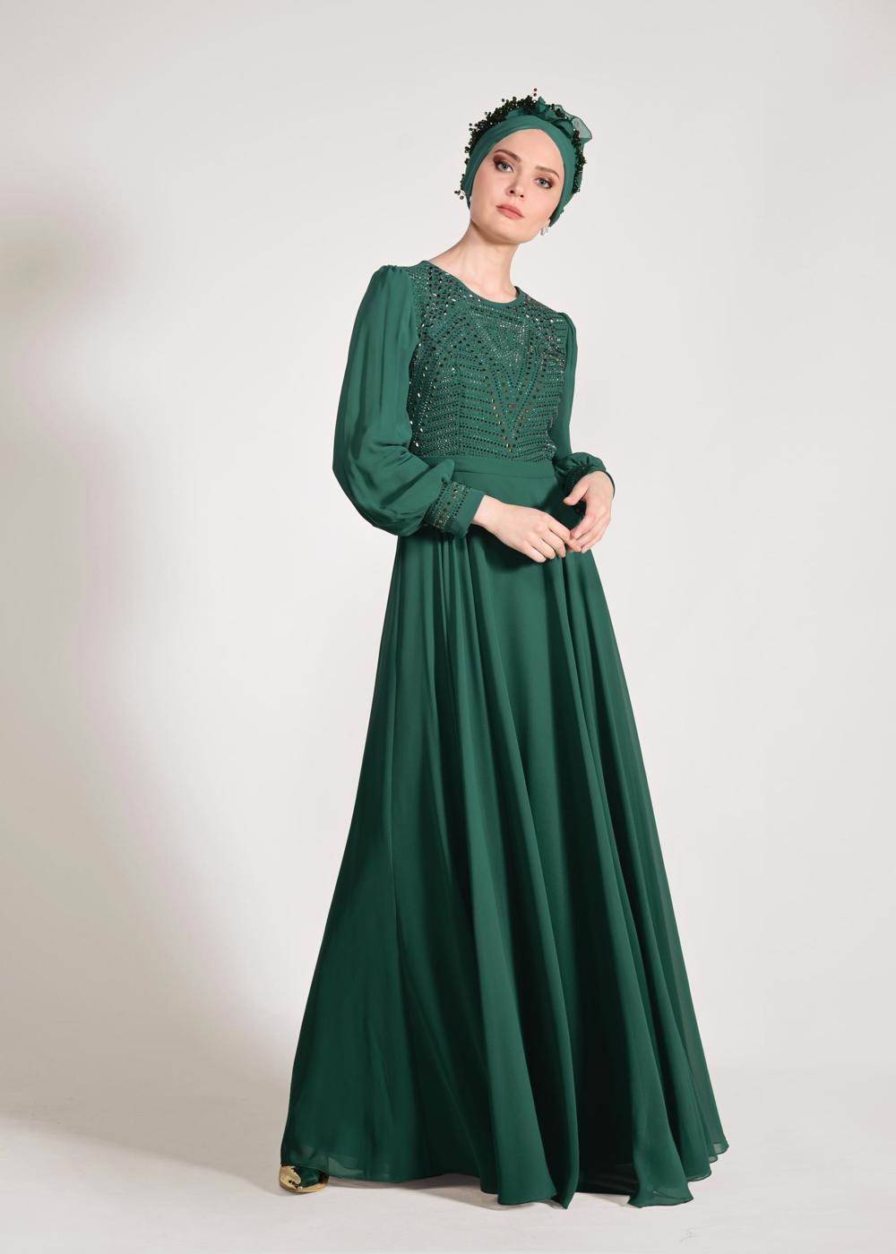 Tesettür giyim YEŞİL ALVİNA ŞİFON ABİYE ELBİSE T 5426