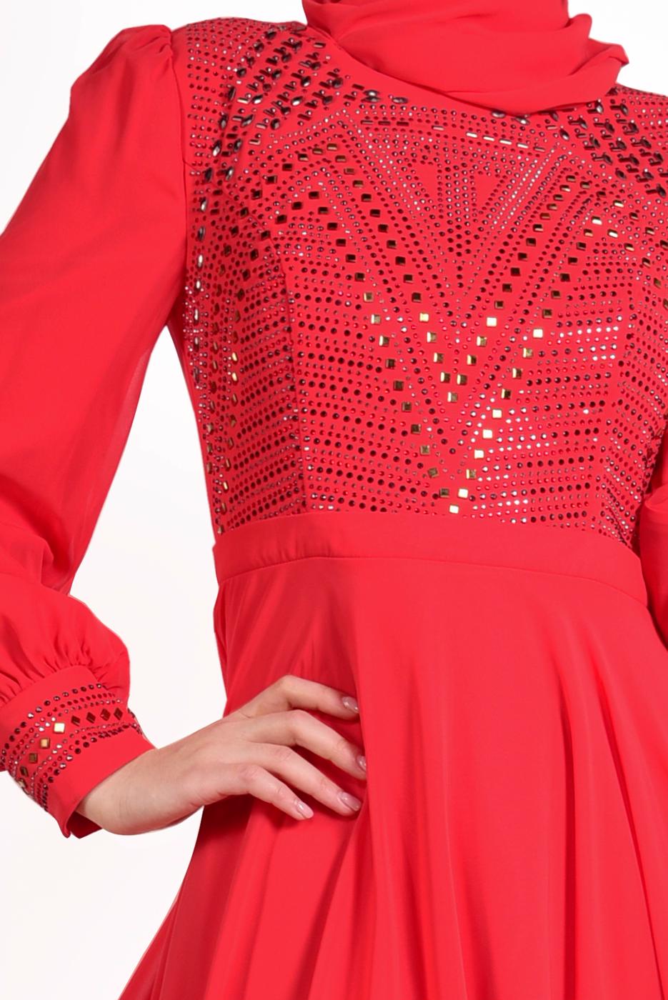 Tesettür giyim MERCAN ALVİNA ŞİFON ABİYE ELBİSE T 5426