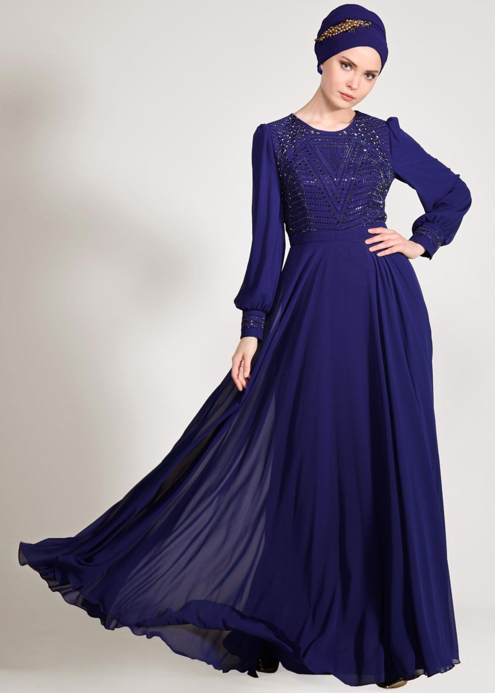 Tesettür giyim LACİVERT ALVİNA ŞİFON ABİYE ELBİSE T 5426