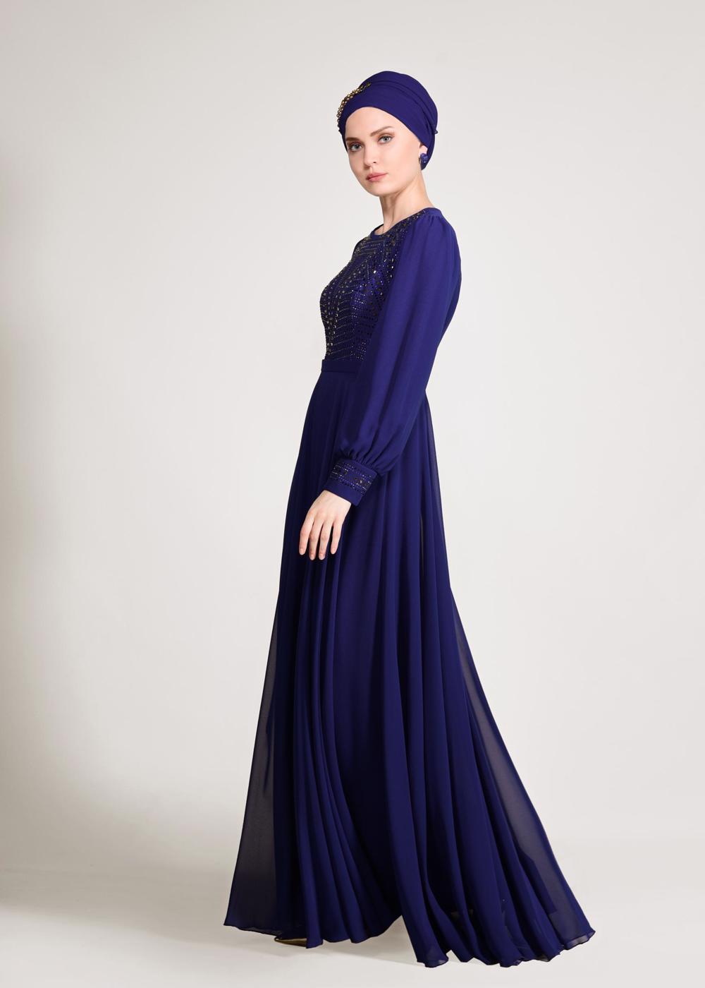Tesettür giyim LACİVERT ALVİNA ŞİFON ABİYE ELBİSE T 5426