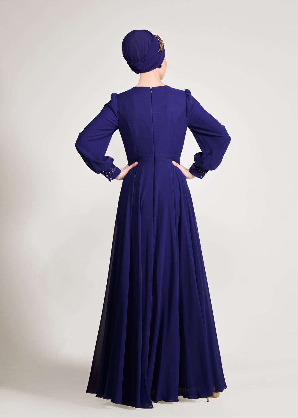 Tesettür giyim LACİVERT ALVİNA ŞİFON ABİYE ELBİSE T 5426