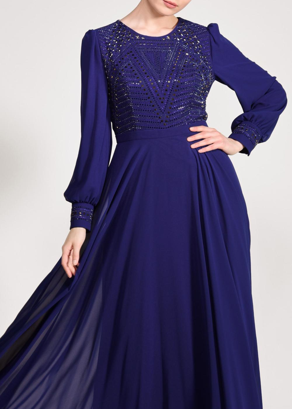 Tesettür giyim LACİVERT ALVİNA ŞİFON ABİYE ELBİSE T 5426