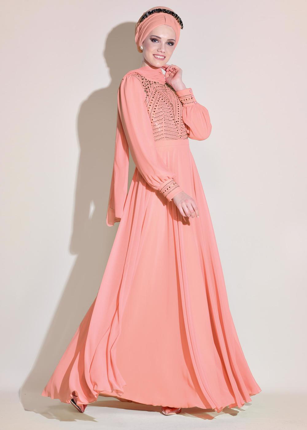 Tesettür giyim PUDRA ALVİNA ŞİFON ABİYE ELBİSE T 5426