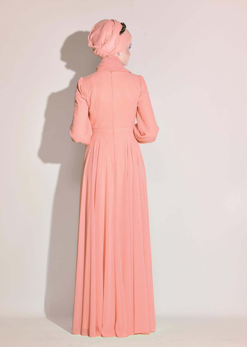 Tesettür giyim PUDRA ALVİNA ŞİFON ABİYE ELBİSE T 5426