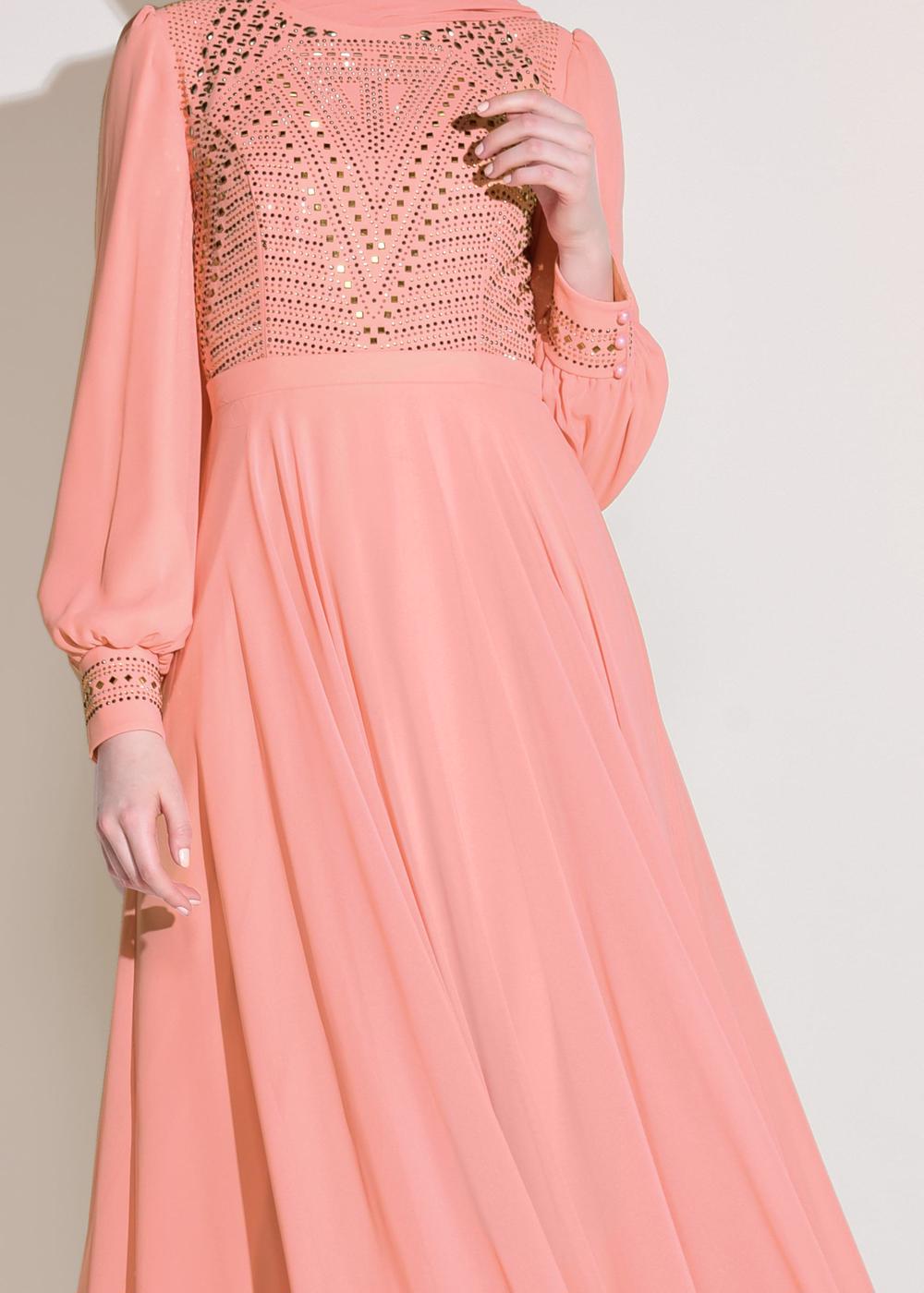 Tesettür giyim PUDRA ALVİNA ŞİFON ABİYE ELBİSE T 5426