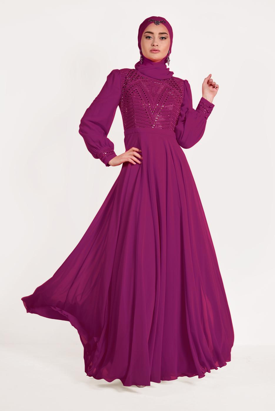 Tesettür giyim MOR ALVİNA ŞİFON ABİYE ELBİSE T 5426