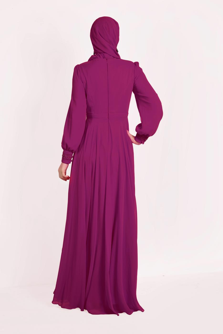 Tesettür giyim MOR ALVİNA ŞİFON ABİYE ELBİSE T 5426