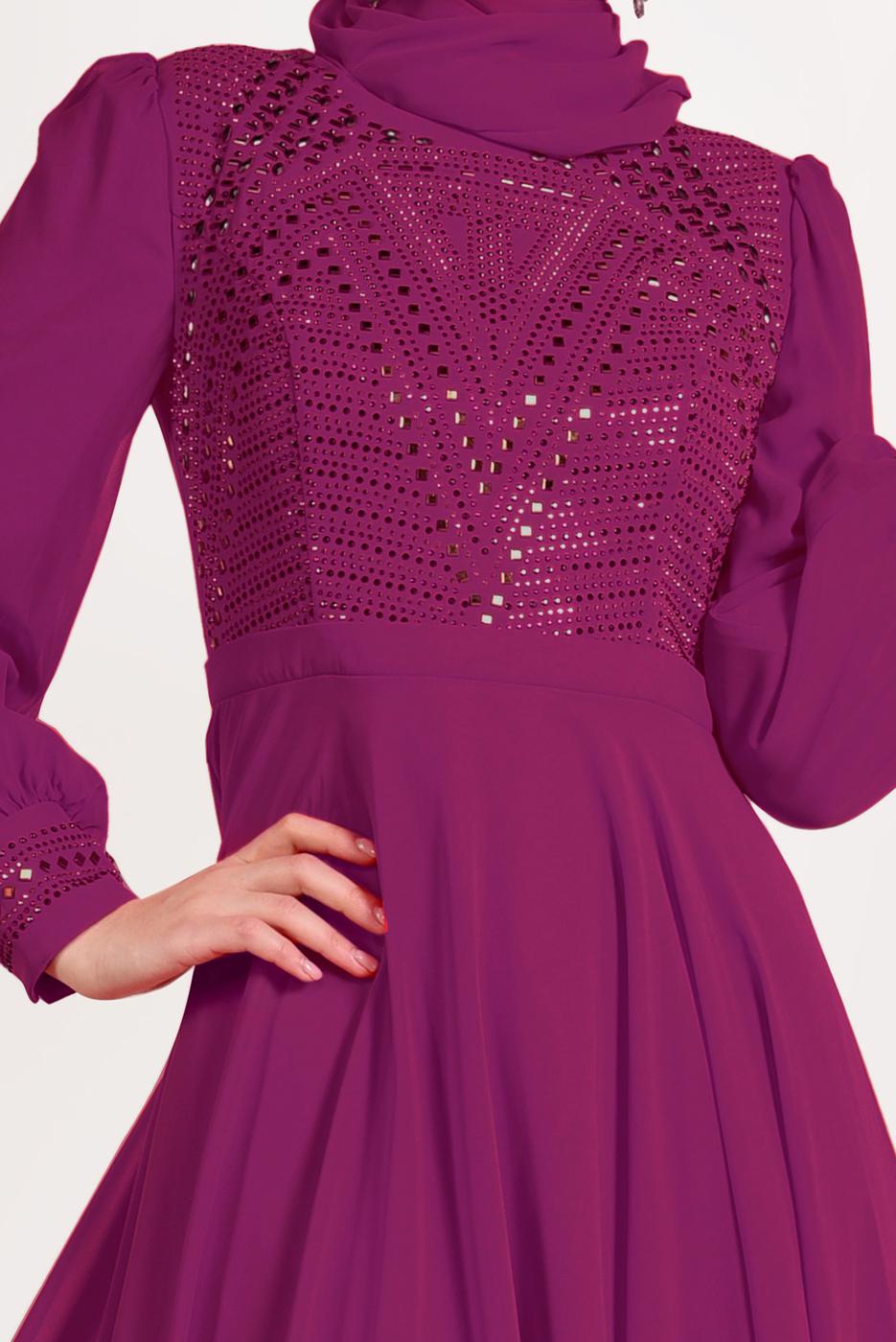 Tesettür giyim MOR ALVİNA ŞİFON ABİYE ELBİSE T 5426