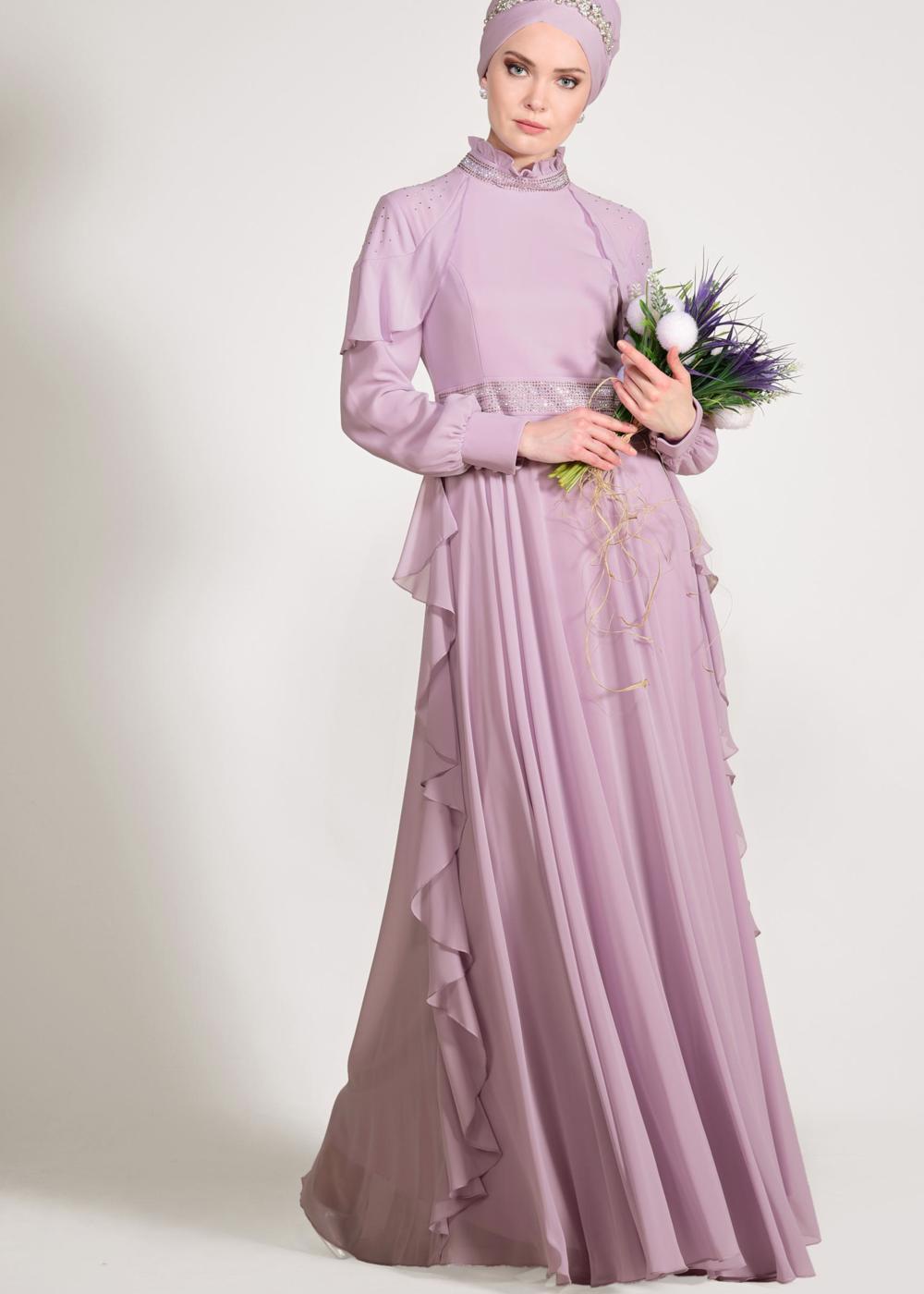 Tesettür giyim MOR ALVİNA  TAŞ BASKI DETAYLI ŞİFON ABİYE ELBİSE 5428